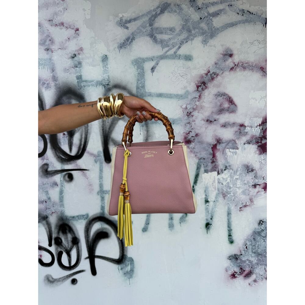 Gucci Bamboo Shopper Satchel Pink & White Leather Bag